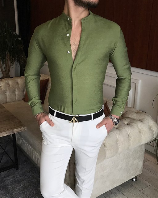 İtalyan stil slim fit erkek hakim yaka gömlek Yeşil T7093