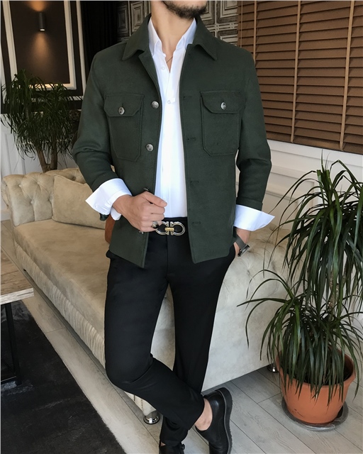 İtalyan stil slim fit erkek kaşe mont ceket yeşil T6273