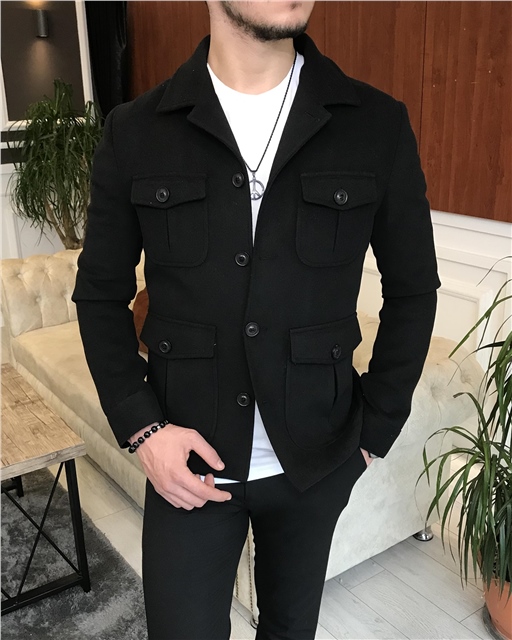 İtalyan stil slim fit erkek kaşe mont ceket Siyah T6770
