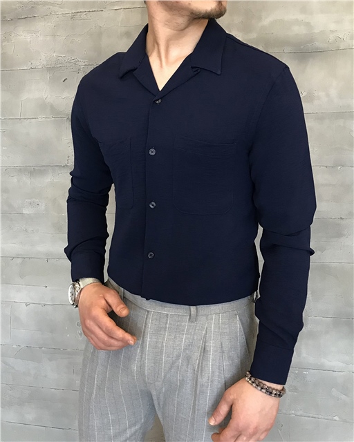 italyan stil slim fit erkek kırlangıç yaka gömlek Lacivert T5776
