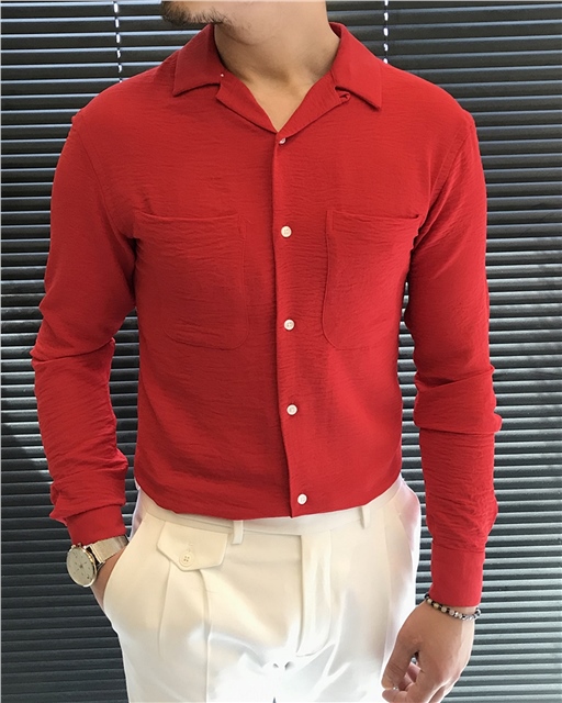 italyan stil slim fit erkek kırlangıç yaka gömlek Kırmızı T5779