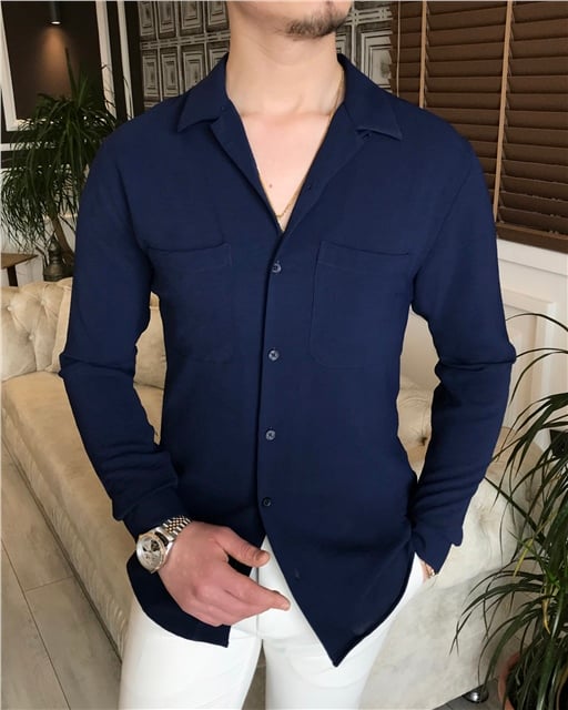 italian style slim fit men's swallow collar shirt Navy T5776