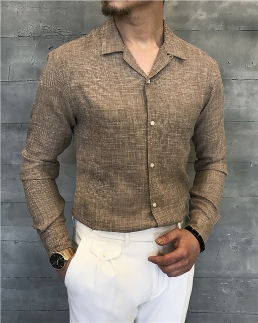italyan stil slim fit erkek kırlangıç yaka keten gömlek Vizon T5781