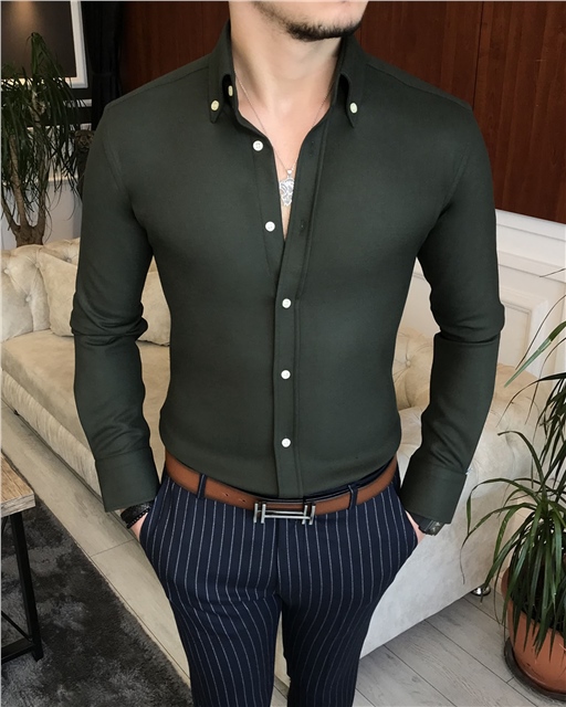 italyan stil slim fit erkek kışlık gömlek yeşil T6715