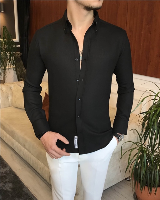 italyan stil slim fit erkek kışlık gömlek siyah T6714