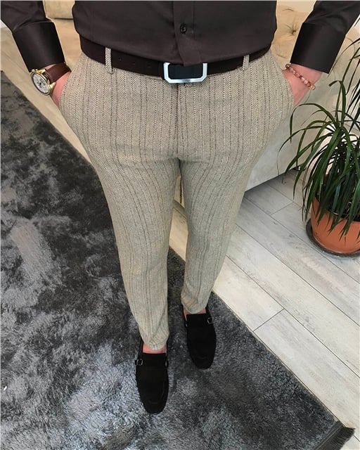 İtalyan stil slim fit erkek yün kumaş pantolon camel T6707