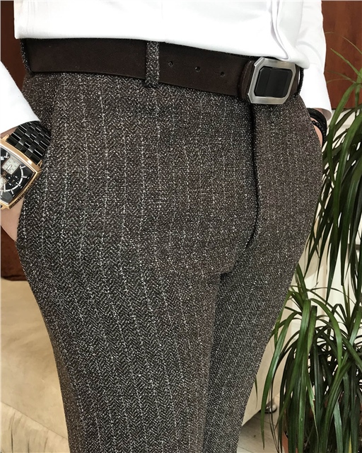 İtalyan stil slim fit erkek yün kumaş pantolon kahverengi T6706