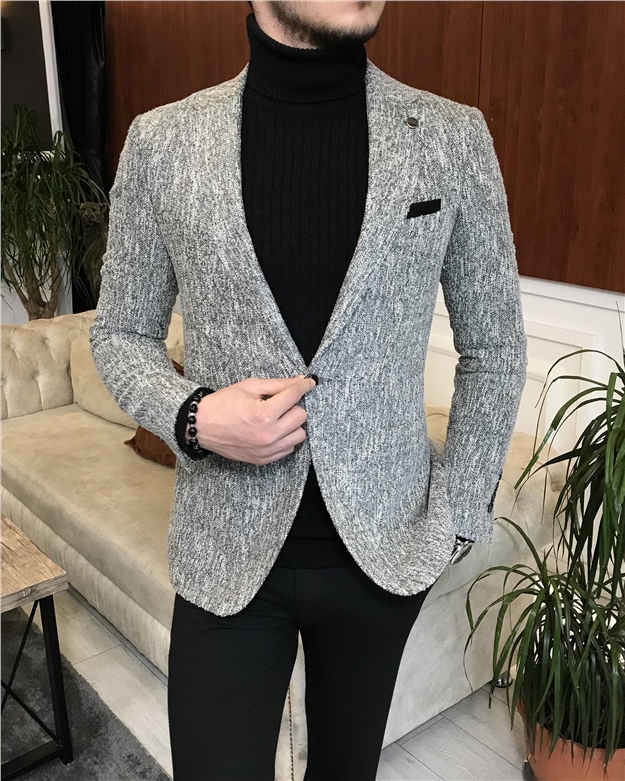 İtalyan stil slim fit erkek kışlık mono yaka tek ceket Gri T6510
