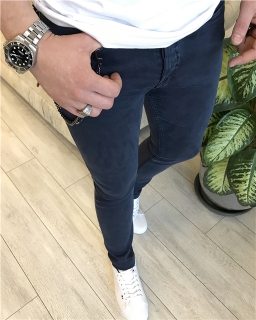 İtalyan stil slim fit erkek kot pantalon Lacivert T5152