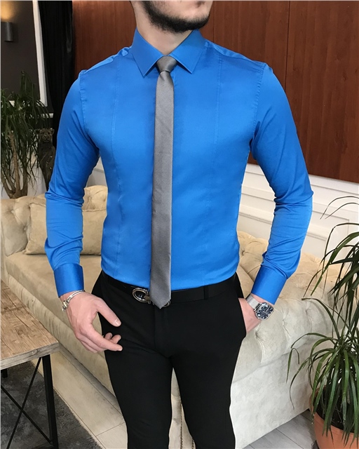 İtalyan stil slim fit erkek kravat yaka gömlek Saks T6815