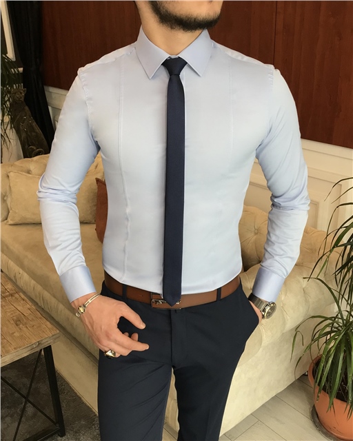 İtalyan stil slim fit erkek kravat yaka gömlek Mavi T6816