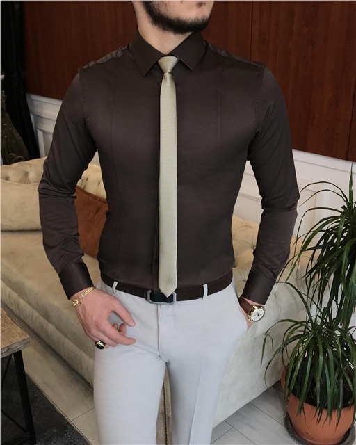 İtalyan stil slim fit erkek kravat yaka gömlek Kahverengi T6817