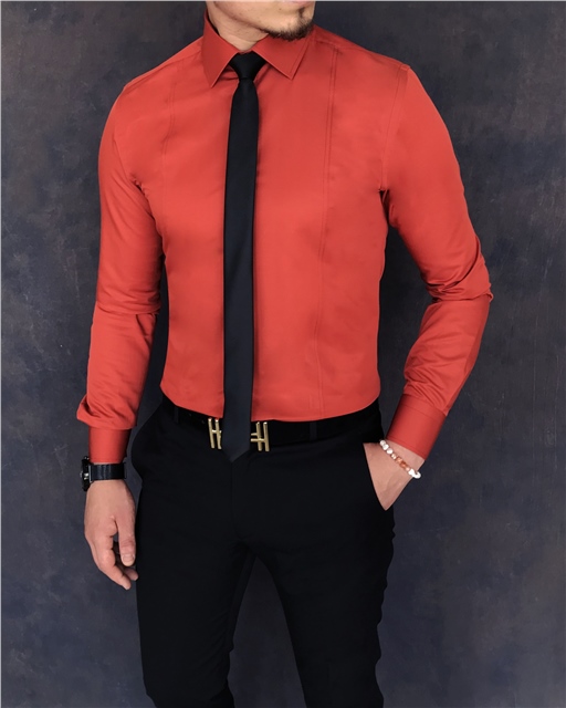 İtalyan stil slim fit erkek kravat yaka gömlek Kiremit T5904