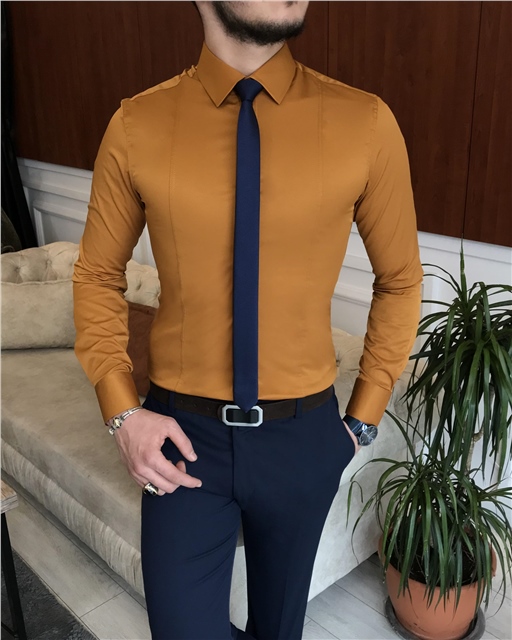 İtalyan stil slim fit erkek kravat yaka gömlek Hardal T6819