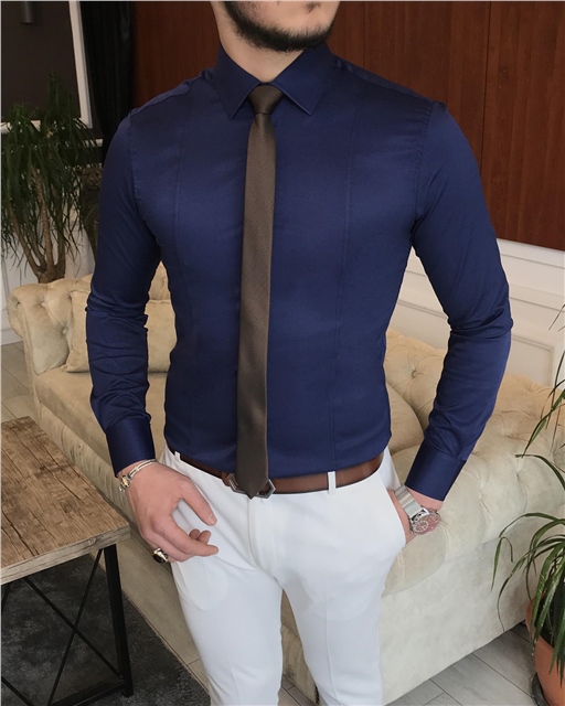 İtalyan stil slim fit erkek kravat yaka gömlek Lacivert T6814