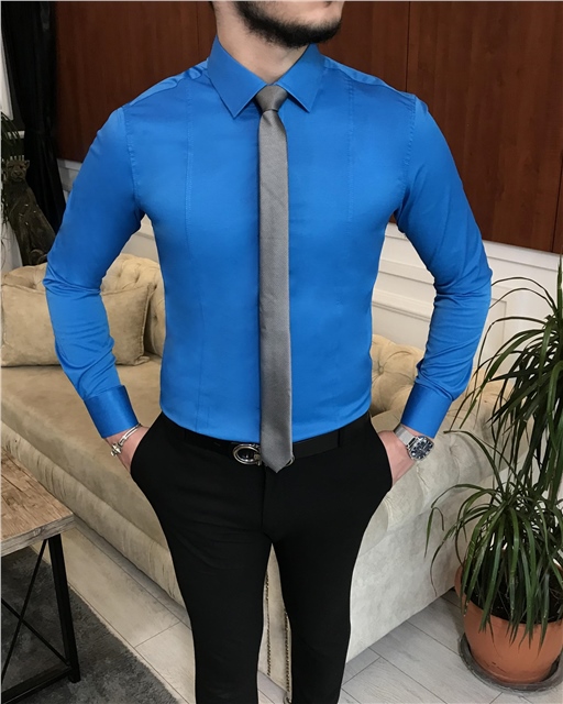 İtalyan stil slim fit erkek kravat yaka gömlek Saks T6815