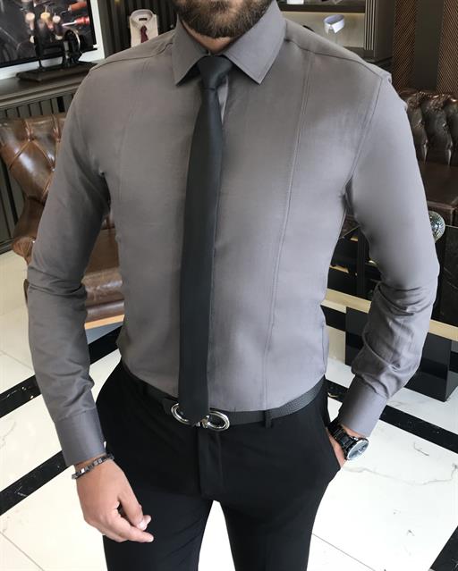 Italian style slim fit men's tie collar shirt Gray T8739