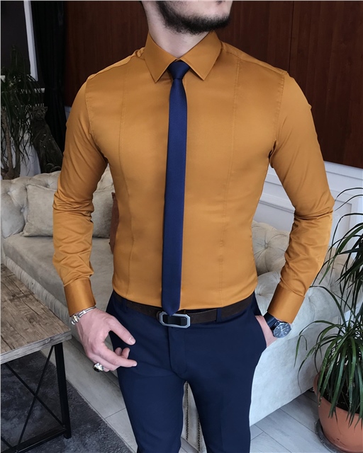 İtalyan stil slim fit erkek kravat yaka gömlek Hardal T6819
