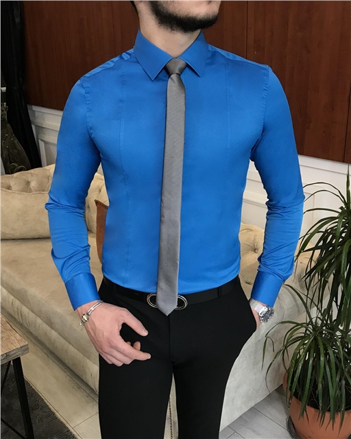 İtalyan stil slim fit erkek kravat yaka gömlek Saks T6815