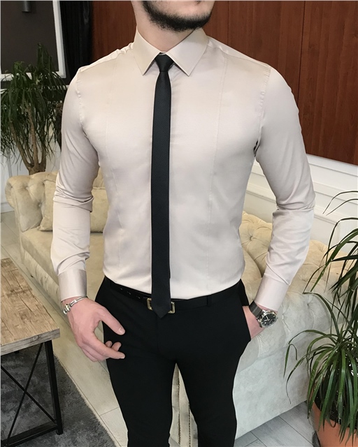 İtalyan stil slim fit erkek kravat yaka gömlek Bej T6821