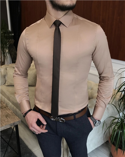 İtalyan stil slim fit erkek kravat yaka gömlek Vizon T6820