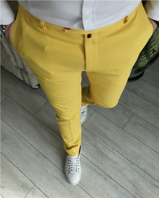 İtalyan stil slim fit erkek kumaş pantolon Sarı T5261