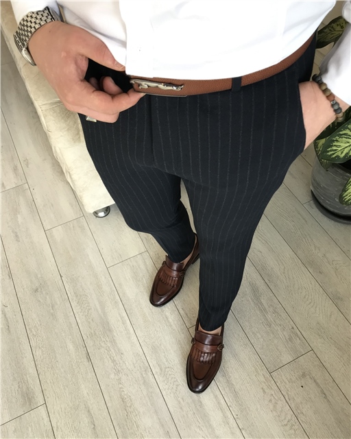 İtalyan stil slim fit erkek kumaş pantolon çizgili Lacivert T4912