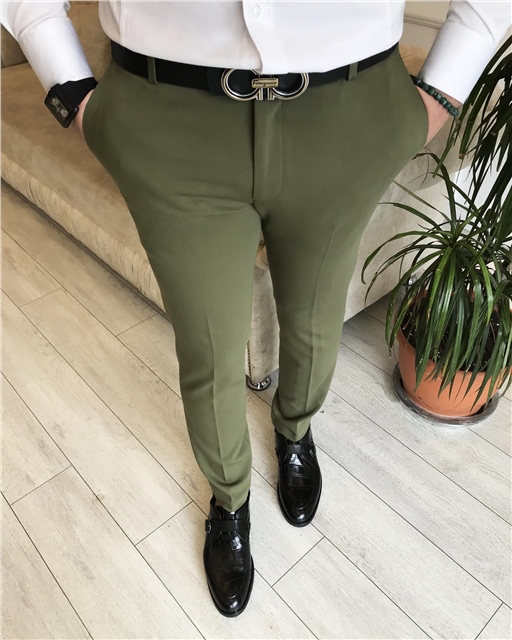 İtalyan stil slim fit erkek kumaş pantolon Yeşil T7138