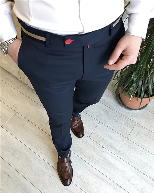 İtalyan stil slim fit erkek kumaş pantolon Koyu Lacivert T4422