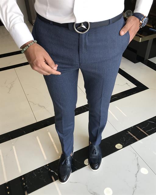 İtalyan stil slim fit erkek kumaş pantolon lacivert T9728