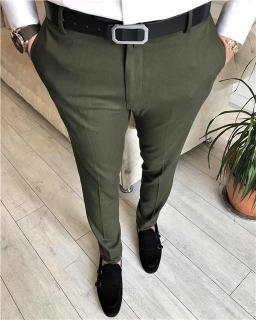 İtalyan stil slim fit erkek kumaş pantolon Yeşil T6533