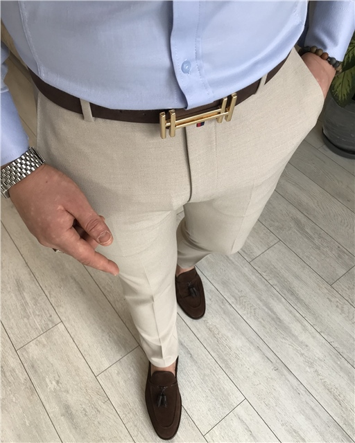 İtalyan stil slim fit erkek kumaş pantolon Bej T5082