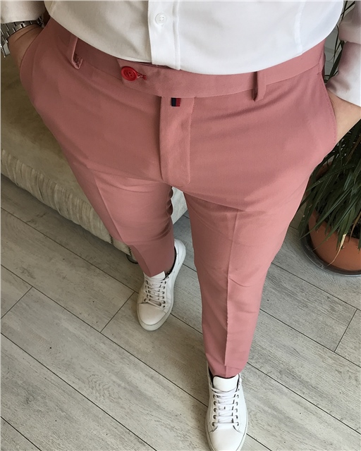 İtalyan stil slim fit erkek kumaş pantolon Açık Pembe T5260