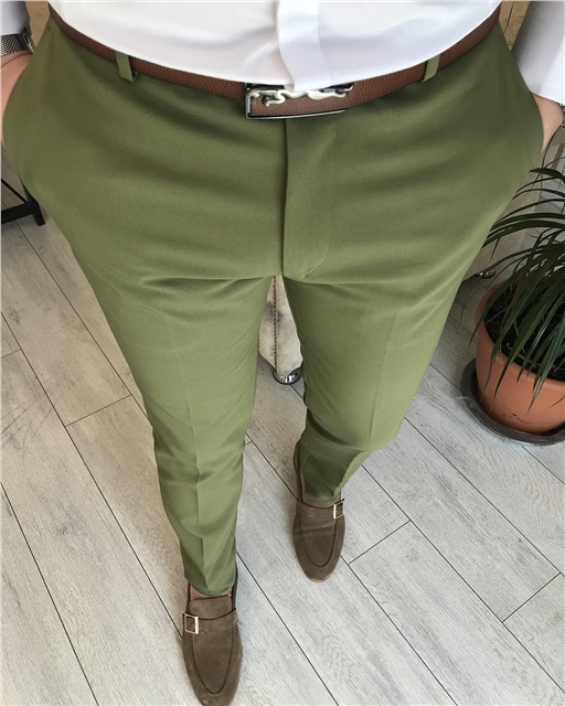 İtalyan stil slim fit erkek kumaş pantolon Yeşil T5251