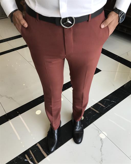 İtalyan stil slim fit erkek kumaş pantolon kiremit T9723
