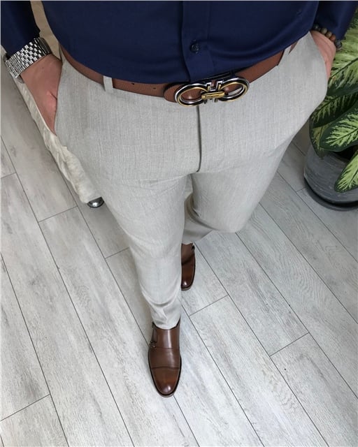 İtalyan stil slim fit erkek kumaş pantolon Gri T4901