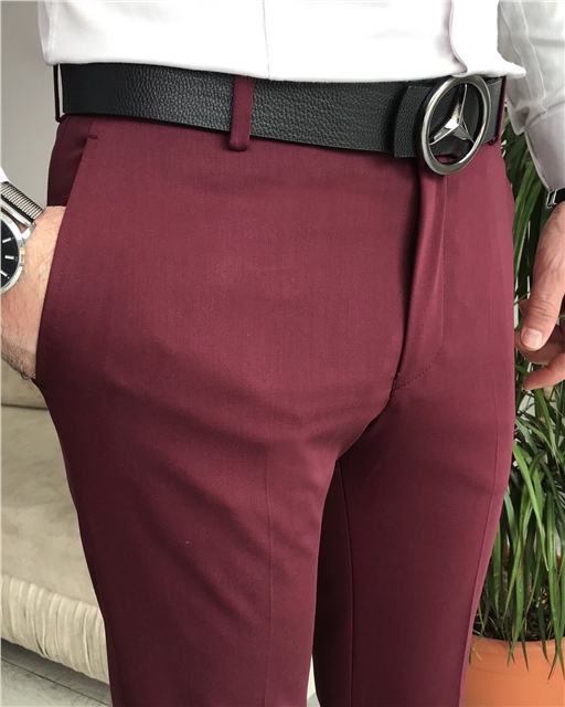 İtalyan stil slim fit erkek kumaş pantolon Bordo T6735