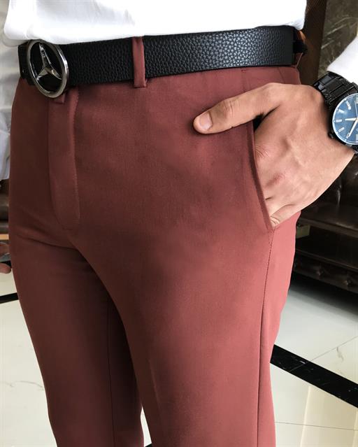 İtalyan stil slim fit erkek kumaş pantolon kiremit T9723
