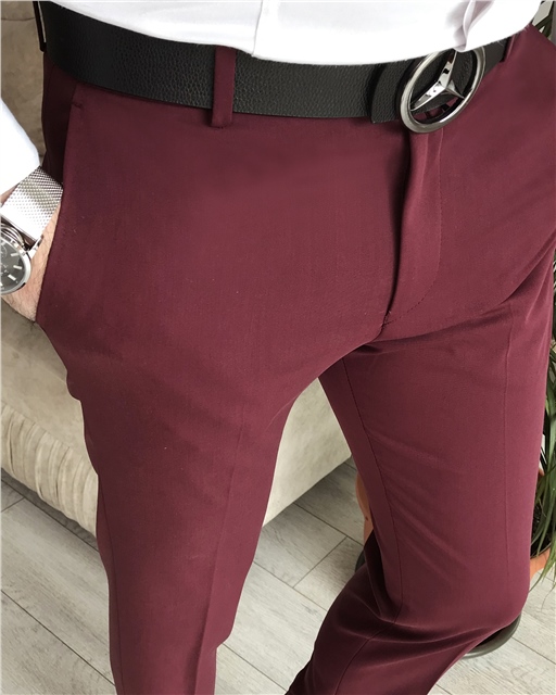 İtalyan stil slim fit erkek kumaş pantolon Bordo T6735