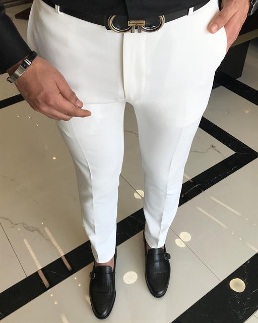 Italian Style Slim Fit Men's Fabric Pants Ecru T4813