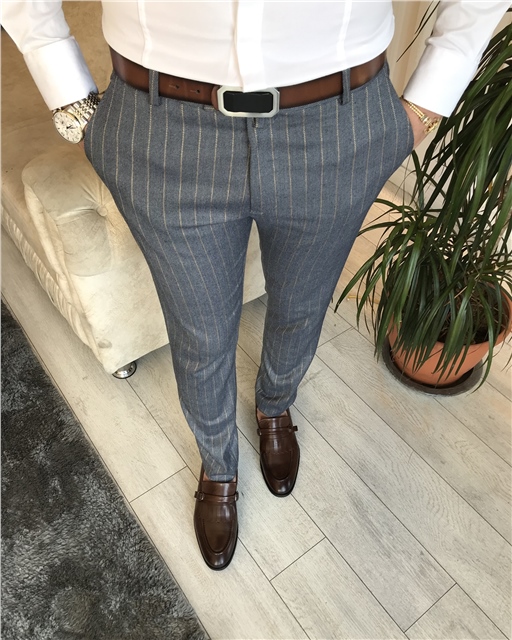 İtalyan stil slim fit erkek kumaş pantolon çizgili Mavi T6180