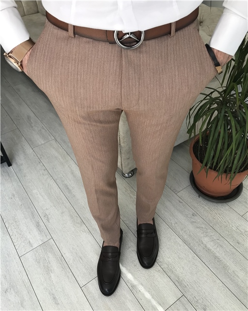 İtalyan stil slim fit erkek kumaş pantolon Kahverengi T7752