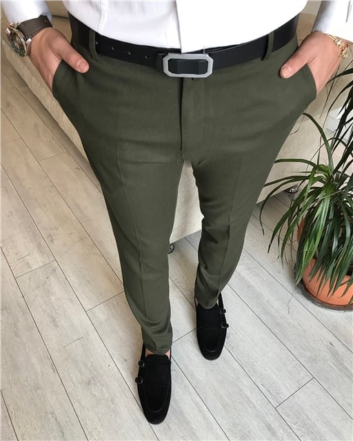 İtalyan stil slim fit erkek kumaş pantolon Yeşil T6533