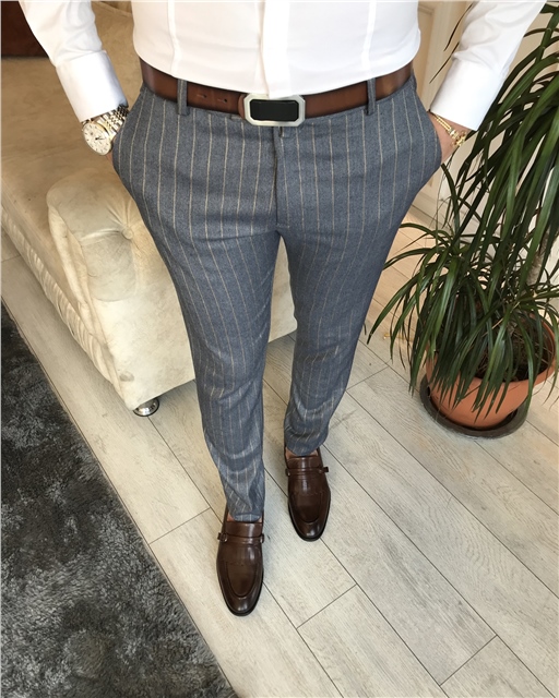 İtalyan stil slim fit erkek kumaş pantolon çizgili Mavi T6180