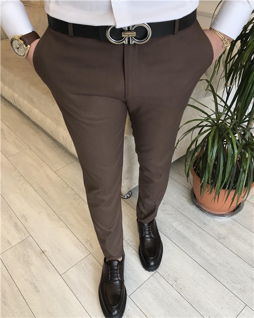 İtalyan stil slim fit erkek kumaş pantolon Kahverengi T4911