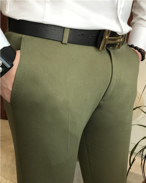 İtalyan stil slim fit erkek kumaş pantolon Yeşil T7138