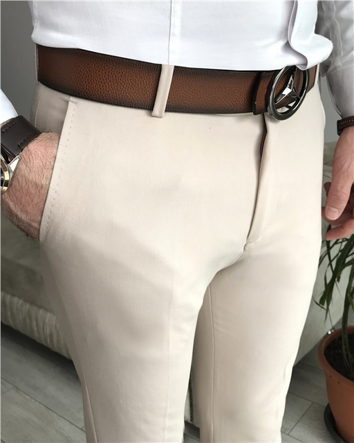 İtalyan stil slim fit erkek kumaş pantolon Krem T7148