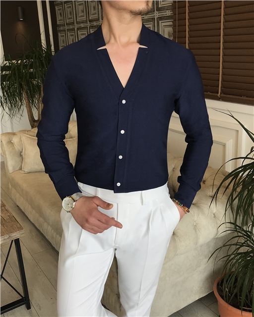 İtalyan stil slim fit erkek likralı hakim yaka gömlek koyu lacivert T5925