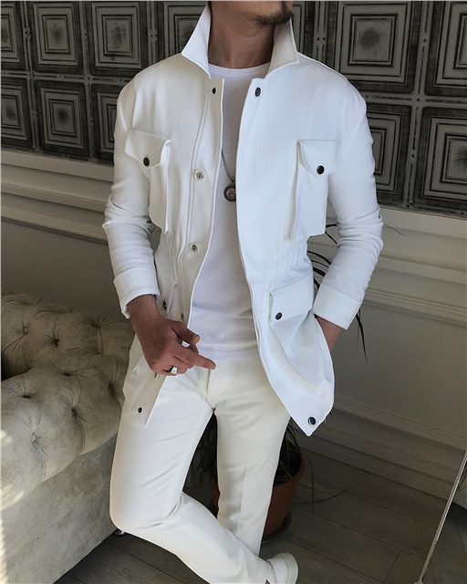 İtalyan stil slim fit erkek  mevsimlik safari ceket Beyaz T5444