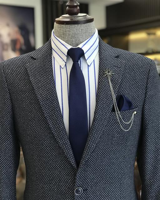 Italian Style Slim Fit Men's Mono Collar Jacket Navy Blue T8127